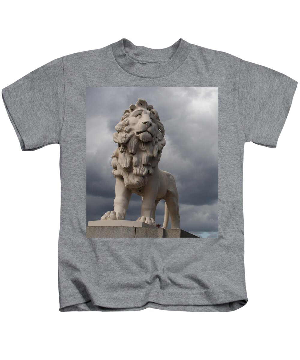 Lions Kids T-Shirt featuring the photograph South bank lion. by Christopher Rowlands