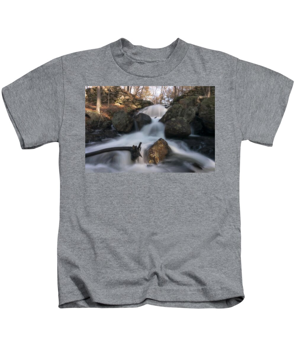 Dreamy Split Splits Divide Water Secret Fall Falls Waterfall Waterfalls Dream Nature Outside Natural Outdoors Stonewall Stone Wall Boulder Rocks Trees Woods Forest Soft Long Exposure Rutland Ma Mass Massachusetts New England Newengland Brian Hale Brianhalephoto Kids T-Shirt featuring the photograph Splits dreamy by Brian Hale