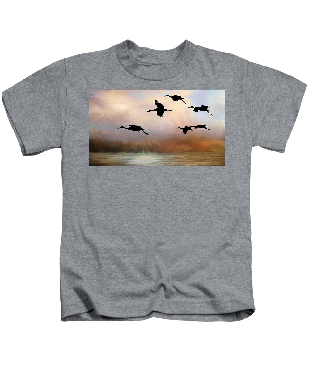 Nature Kids T-Shirt featuring the photograph Squadron of Sandhill Cranes, Bosque del Apache, New Mexico by Zayne Diamond