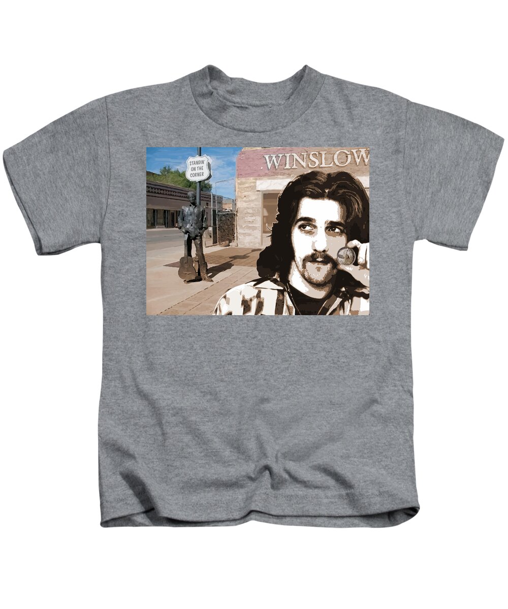Glenn Frey Kids T-Shirt featuring the drawing Standin On The Corner by Greg Joens