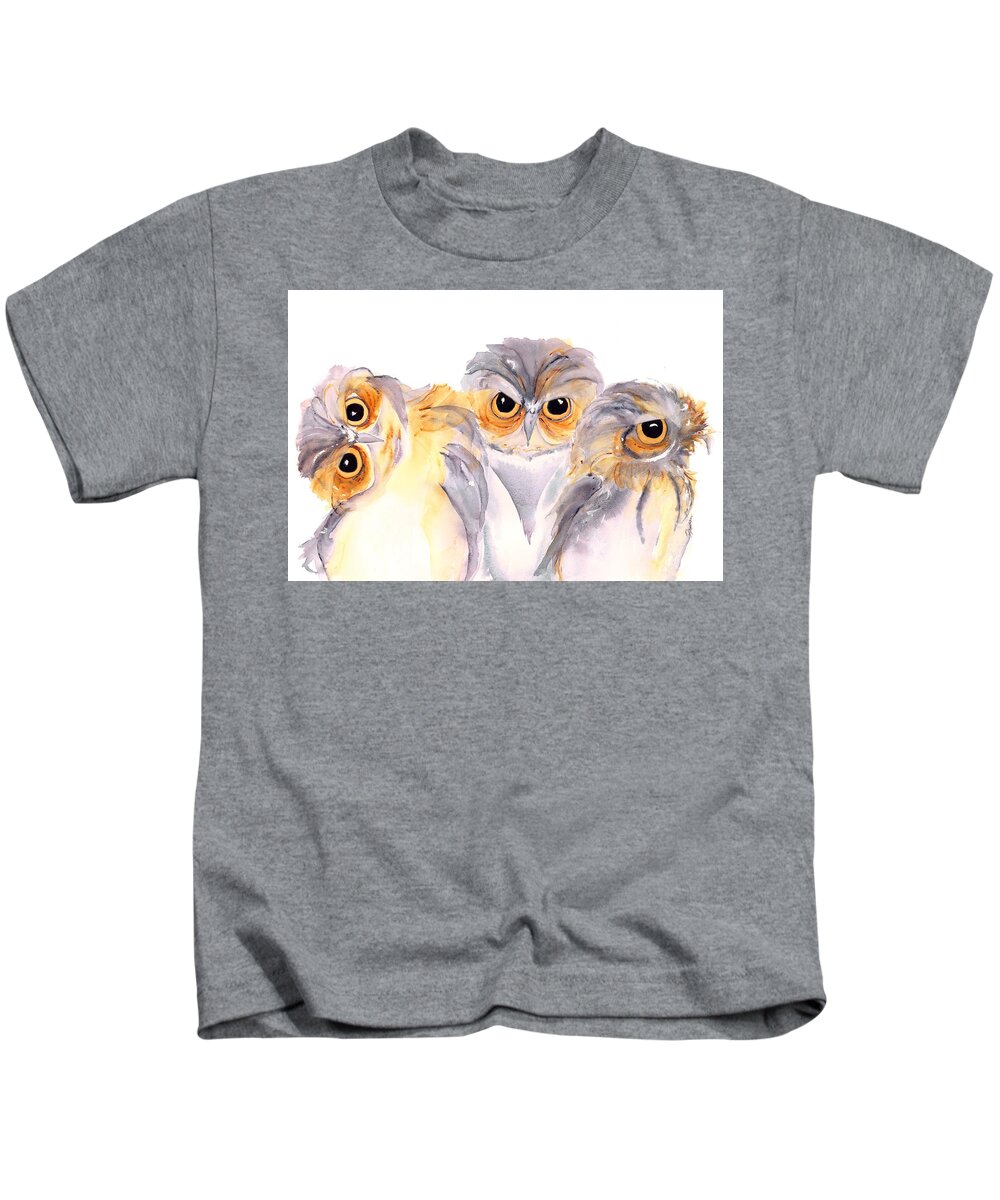 Owl Watercolor Kids T-Shirt featuring the painting Stickin' Together by Dawn Derman