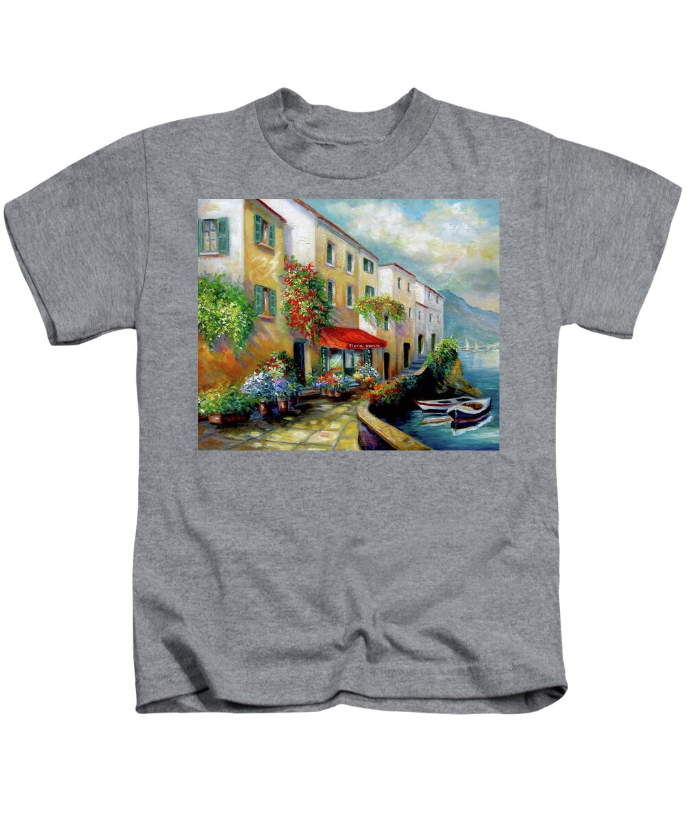  Landscape Kids T-Shirt featuring the painting Street in Italy by the Sea by Regina Femrite