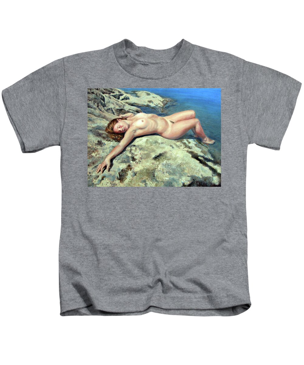 Nude Woman Kids T-Shirt featuring the painting Stretch on Rock Ledge by Marie Witte