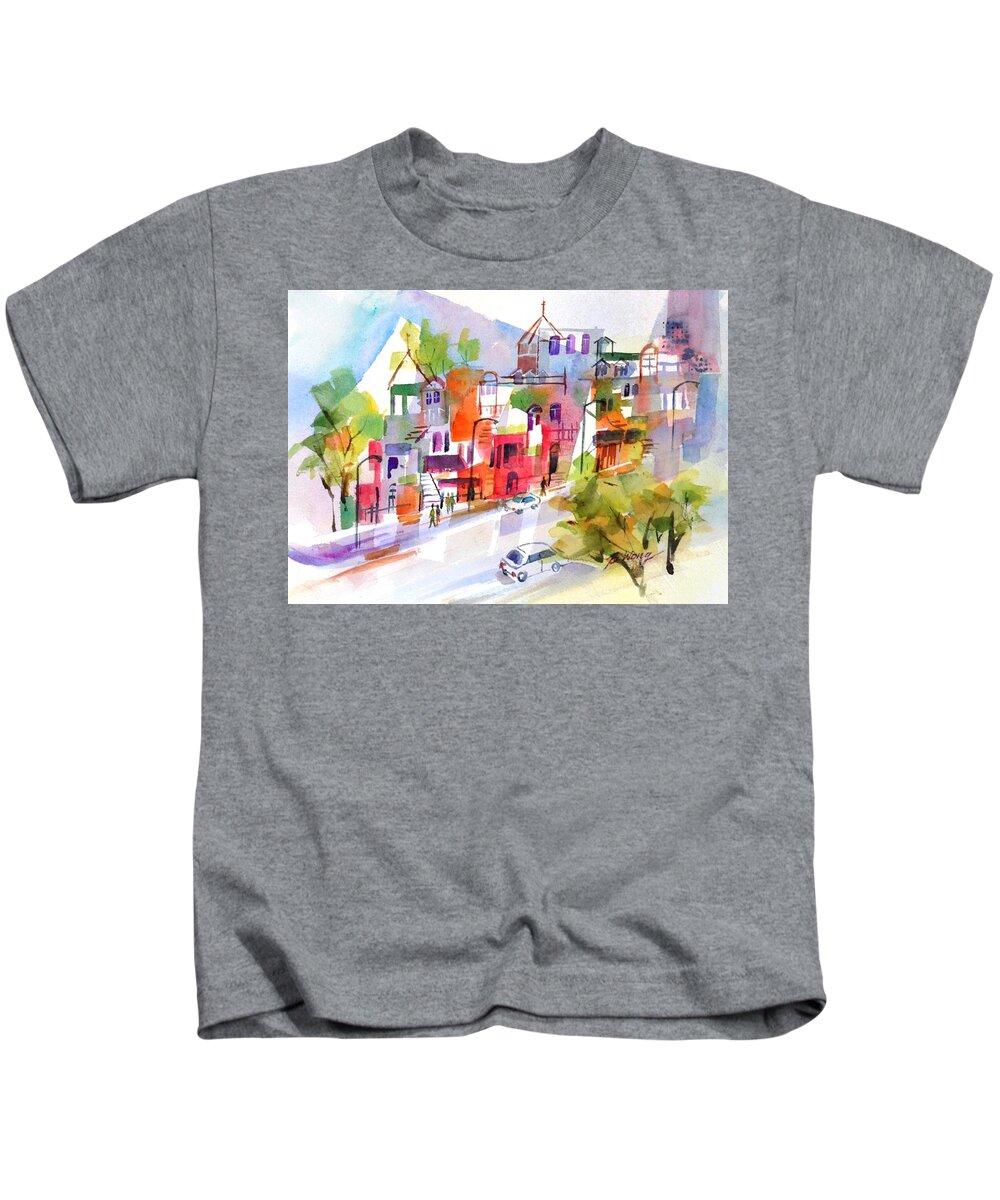 Montreal Kids T-Shirt featuring the painting Stroll in Montreal by Betty M M Wong