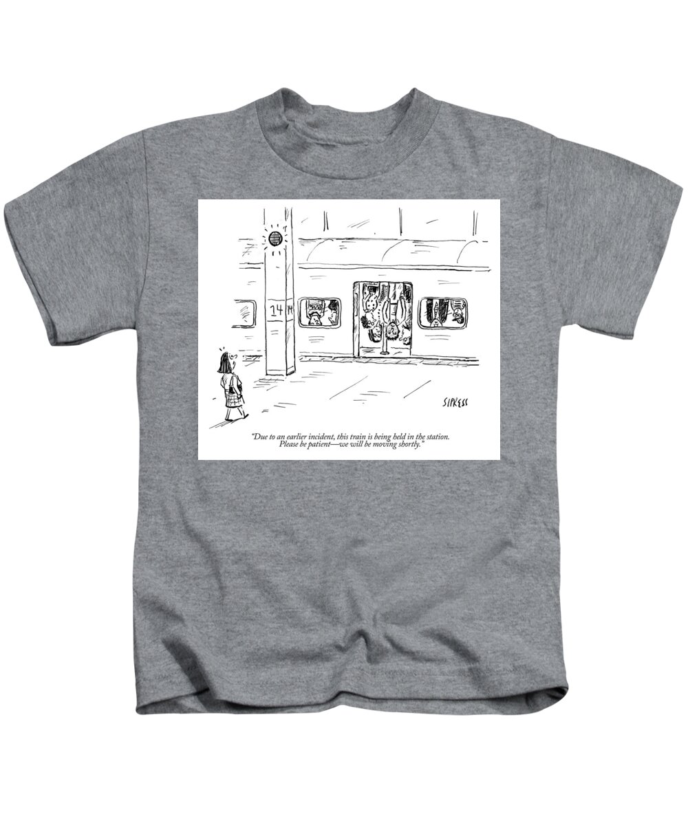 “due To An Earlier Incident Kids T-Shirt featuring the drawing Subway train and everyone in it are upside down by David Sipress