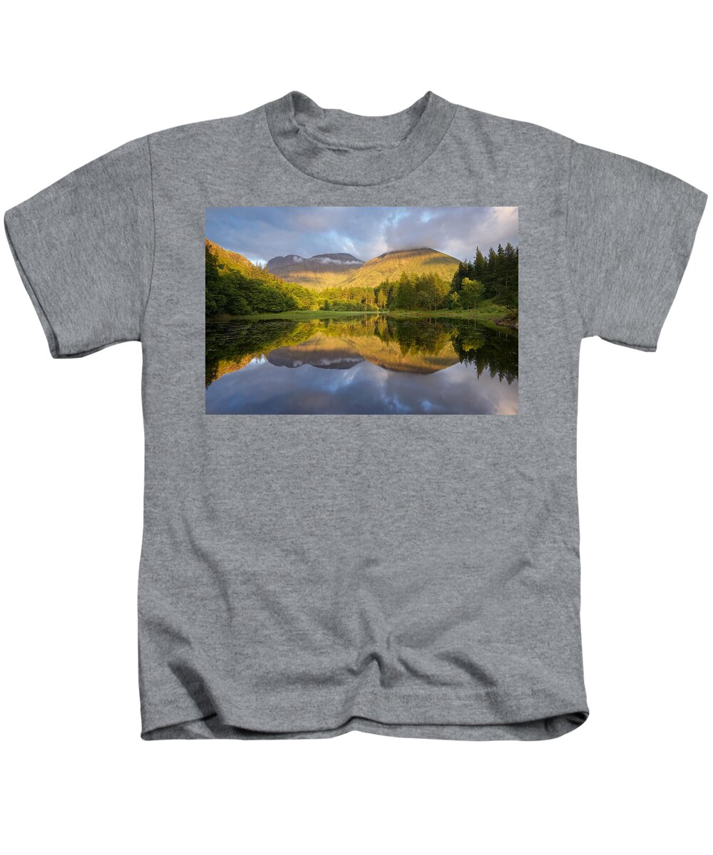Bidean Nam Bian Kids T-Shirt featuring the photograph Summer reflections at the Torren Lochan by Stephen Taylor