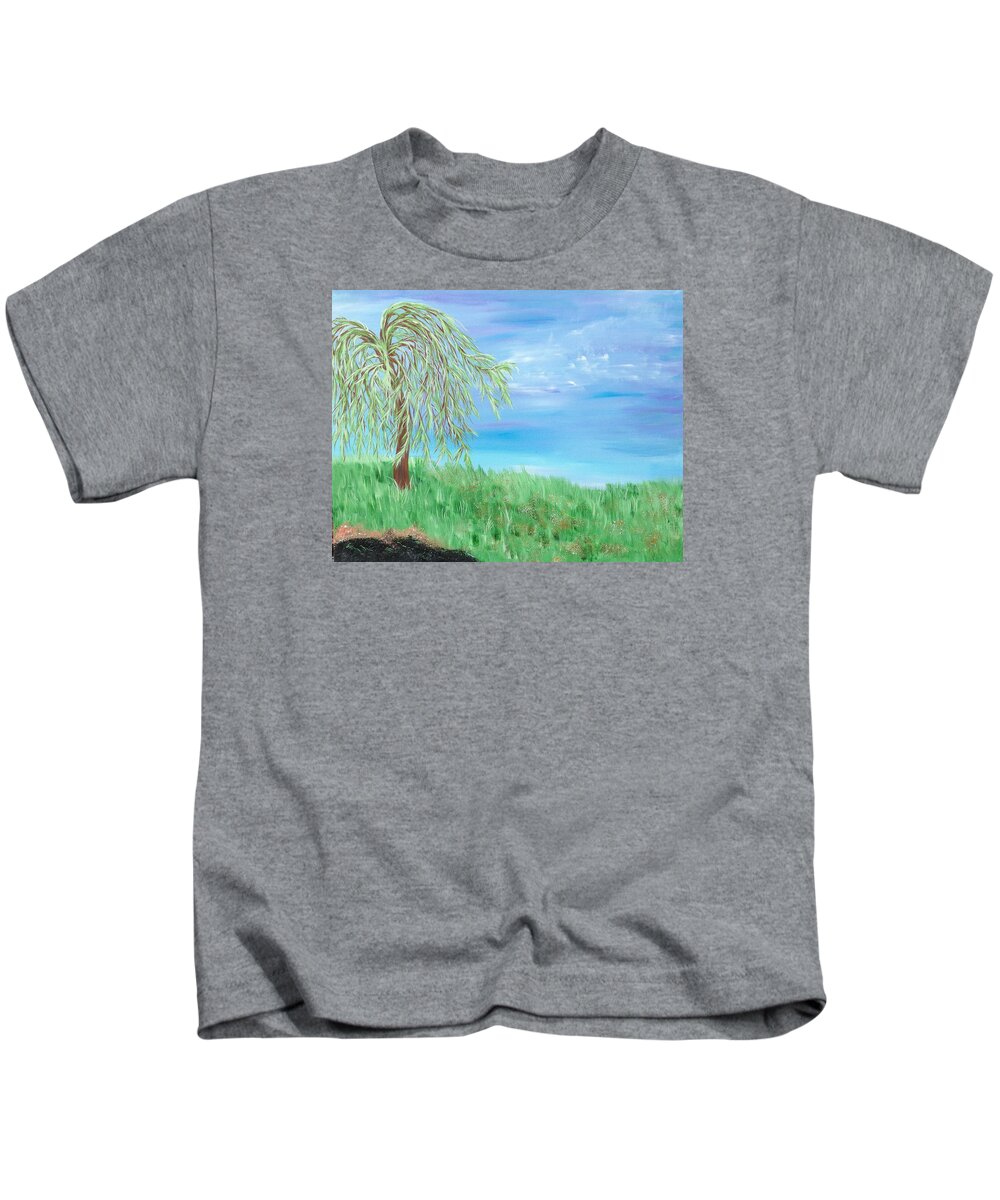 Willow Kids T-Shirt featuring the painting Summer Willow by Angie Butler