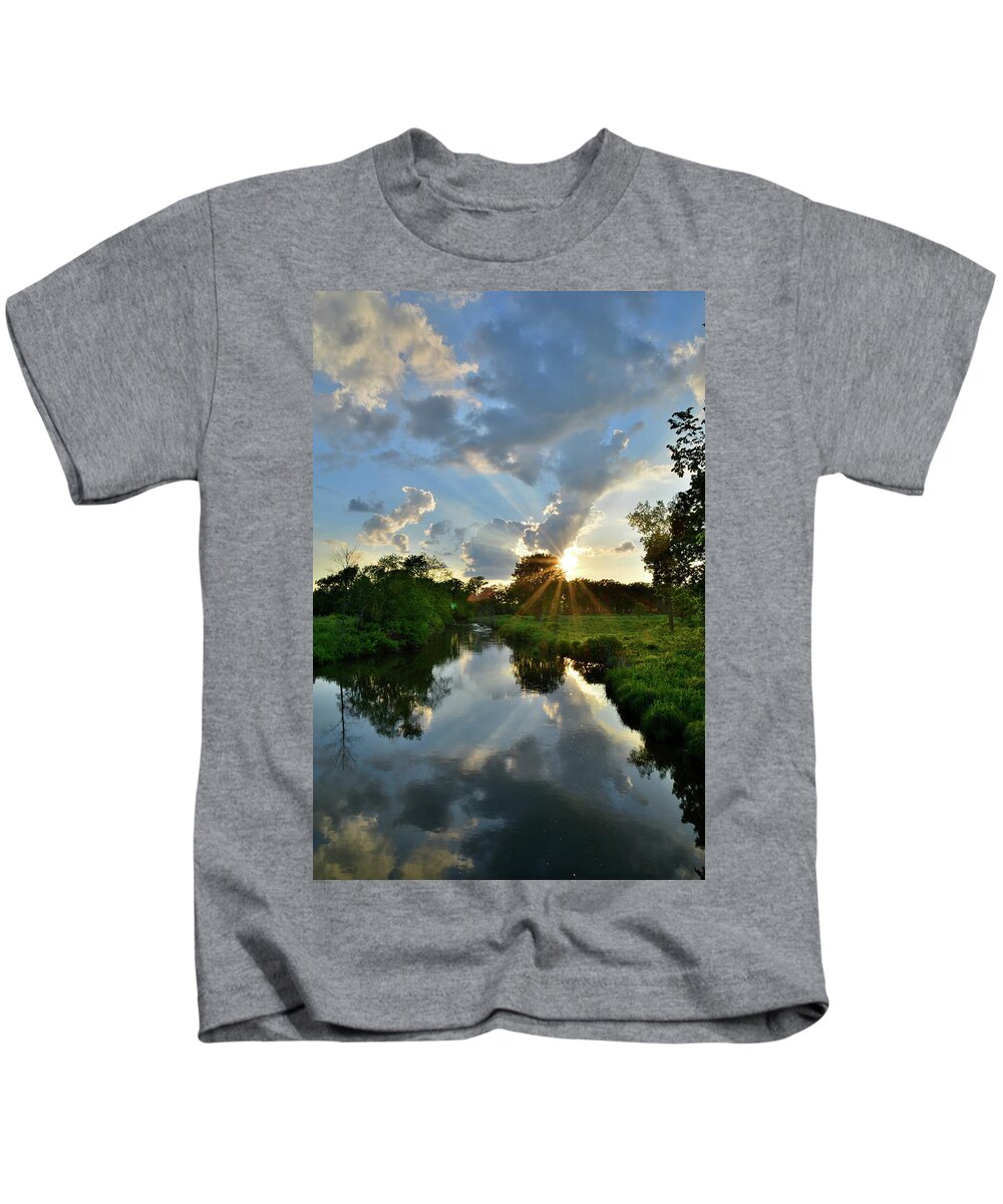 Glacial Park Kids T-Shirt featuring the photograph Sun Breaks Through at Sunset in Glacial Park by Ray Mathis