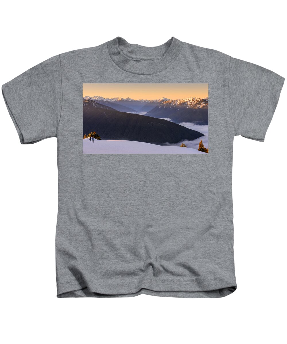 Hurricane Ridge Kids T-Shirt featuring the photograph Sunrise Above the Clouds by Dan Mihai