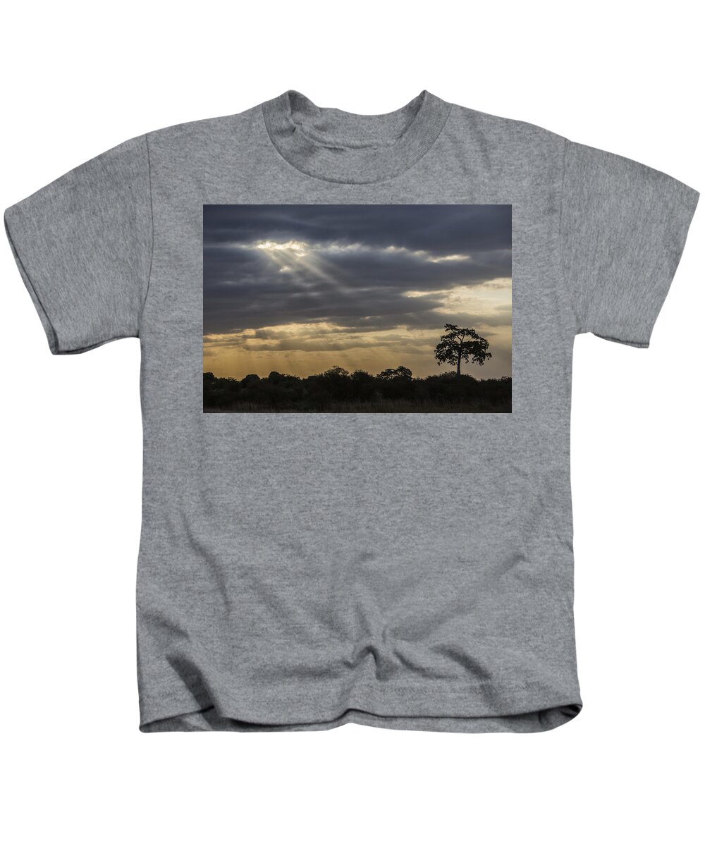 Crepuscular Rays Kids T-Shirt featuring the tapestry - textile Sunset Africa 2 by Kathy Adams Clark