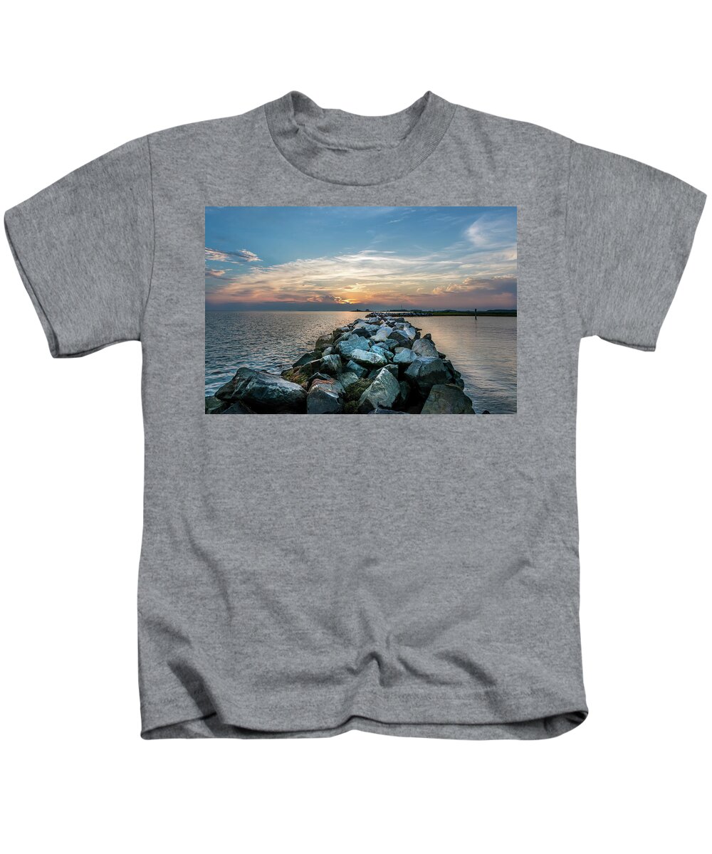 Rocks Kids T-Shirt featuring the photograph Sunset over a rock jetty on the Chesapeake Bay by Patrick Wolf
