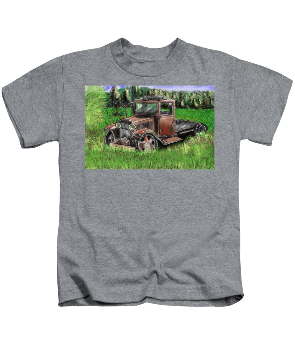 Landscape With Antique Truck Kids T-Shirt featuring the painting Tarnished Memories by Rob Hartman