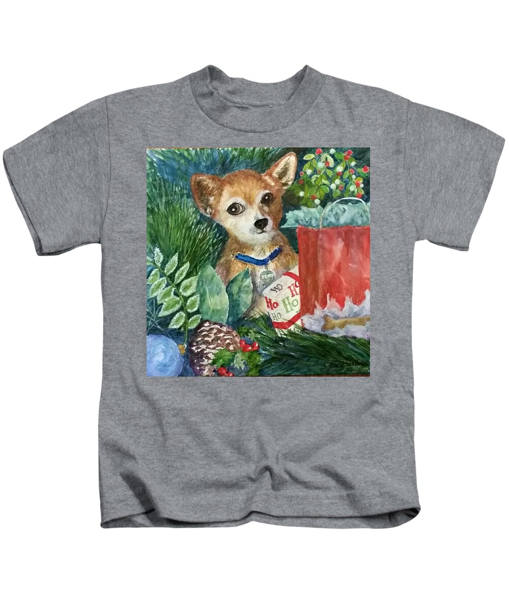 Chihuahua Kids T-Shirt featuring the painting Puppy Under the Tree by Cheryl Wallace