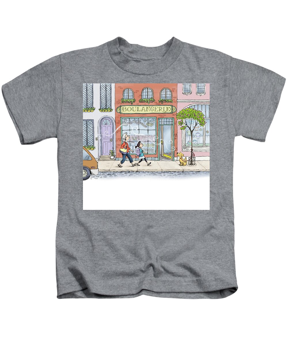 Paris Hop Kids T-Shirt featuring the digital art The Bakery by Renee Andriani