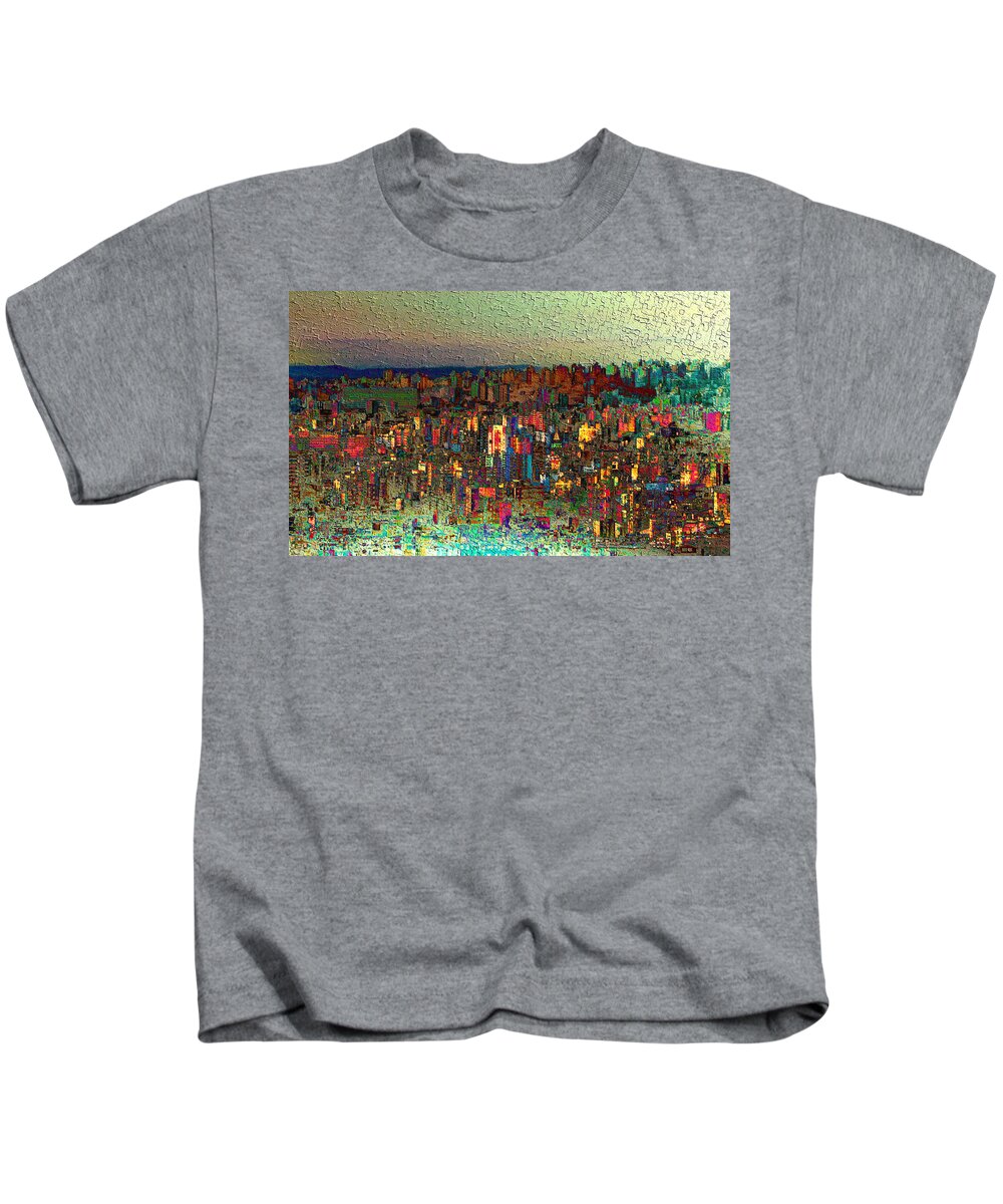 The Fun Side Of Town Kids T-Shirt featuring the mixed media The Fun Side of Town by Kiki Art