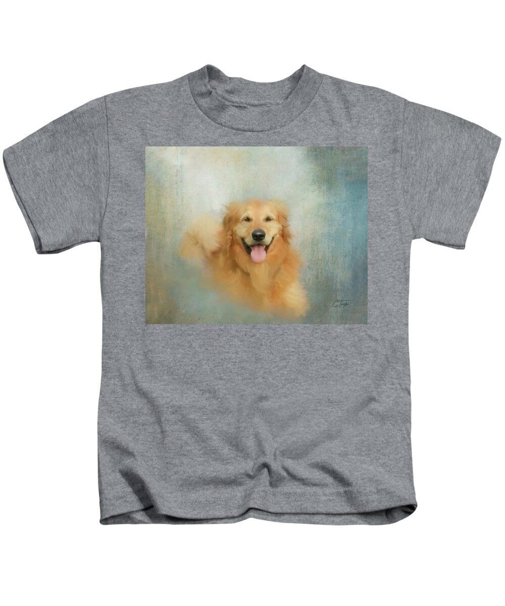 Golden Retriever Kids T-Shirt featuring the mixed media The Golden by Colleen Taylor
