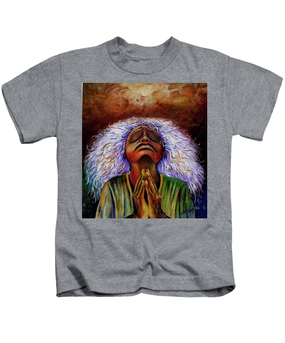 She Is Not An Idol Nor Goddess To Be Worshiped. She Represent No Particular Race Or Ethnicity. However She Does Represents Everyone That Is Concerned About The Welfare Of This World Kids T-Shirt featuring the painting The Intercessor by Arthur Covington