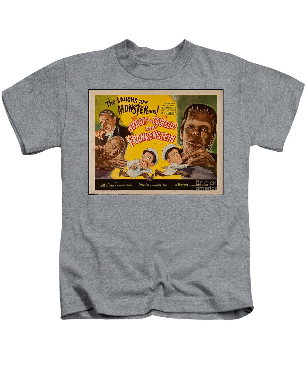 The Laughs Are Monsterous Kids T-Shirt featuring the digital art The laughs are monsterous Abott an Costello meet Frankenstein classic movie poster by Vintage Collectables
