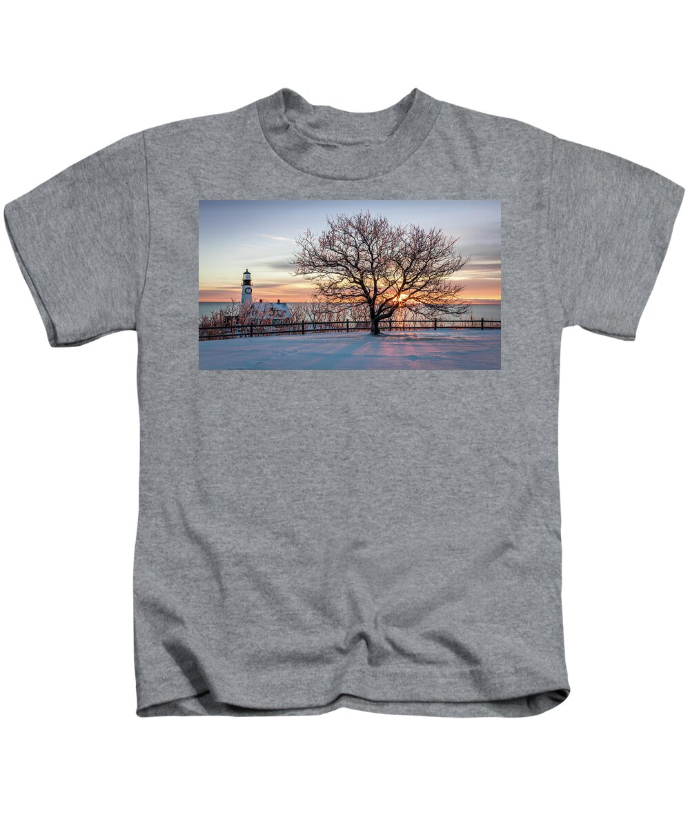 Maine Kids T-Shirt featuring the photograph The Lighthouse and Tree by Colin Chase