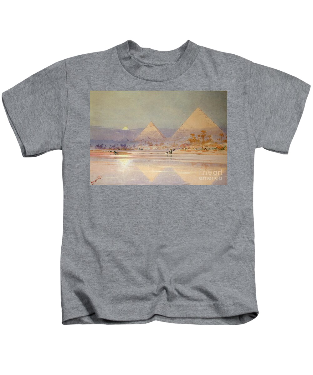 #faatoppicks Kids T-Shirt featuring the painting The Pyramids at dusk by Augustus Osborne Lamplough