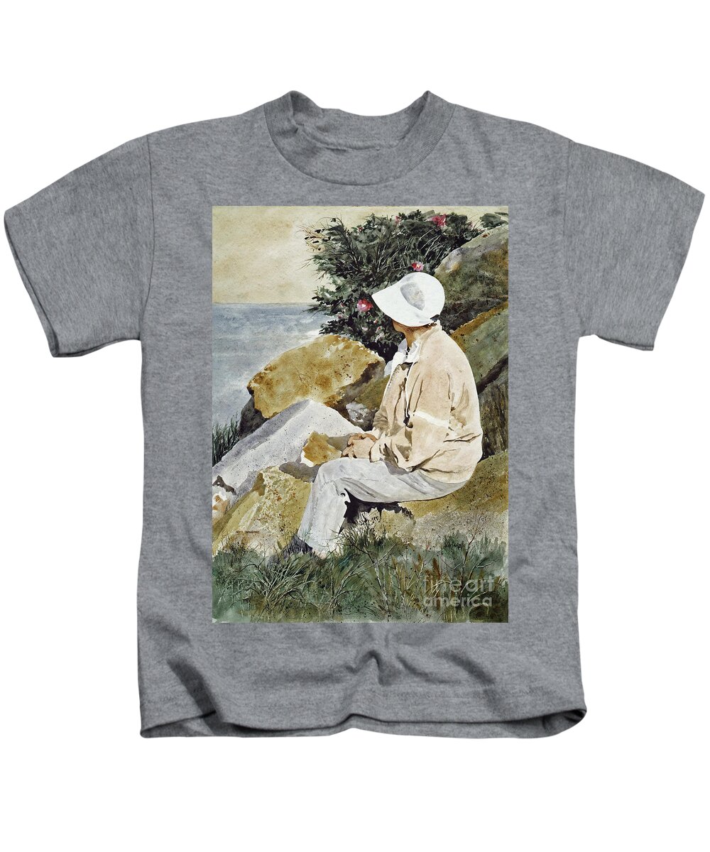 A Lady Enjoys A Moment Of Quiet Contemplation As She Sits On A Rock Near The Nubble Lighthouse In Maine. Kids T-Shirt featuring the painting The Respite by Monte Toon