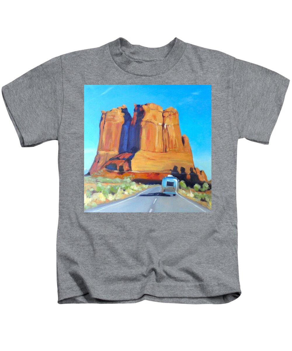 Airstream Art Kids T-Shirt featuring the painting The Shadow of the Three Gossips Arches Utah by Elizabeth Jose