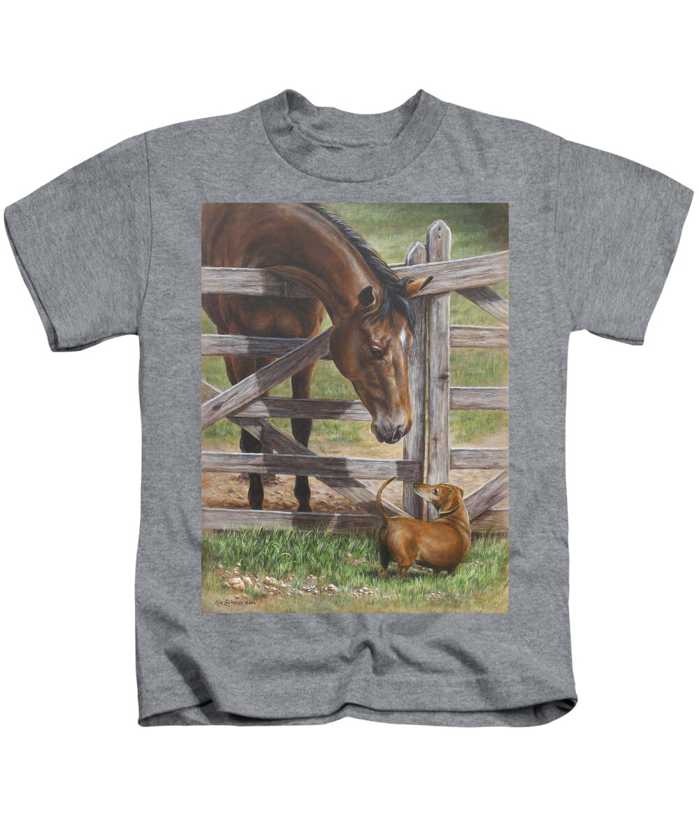 Horse Kids T-Shirt featuring the painting The Tall and Short of It by Kim Lockman