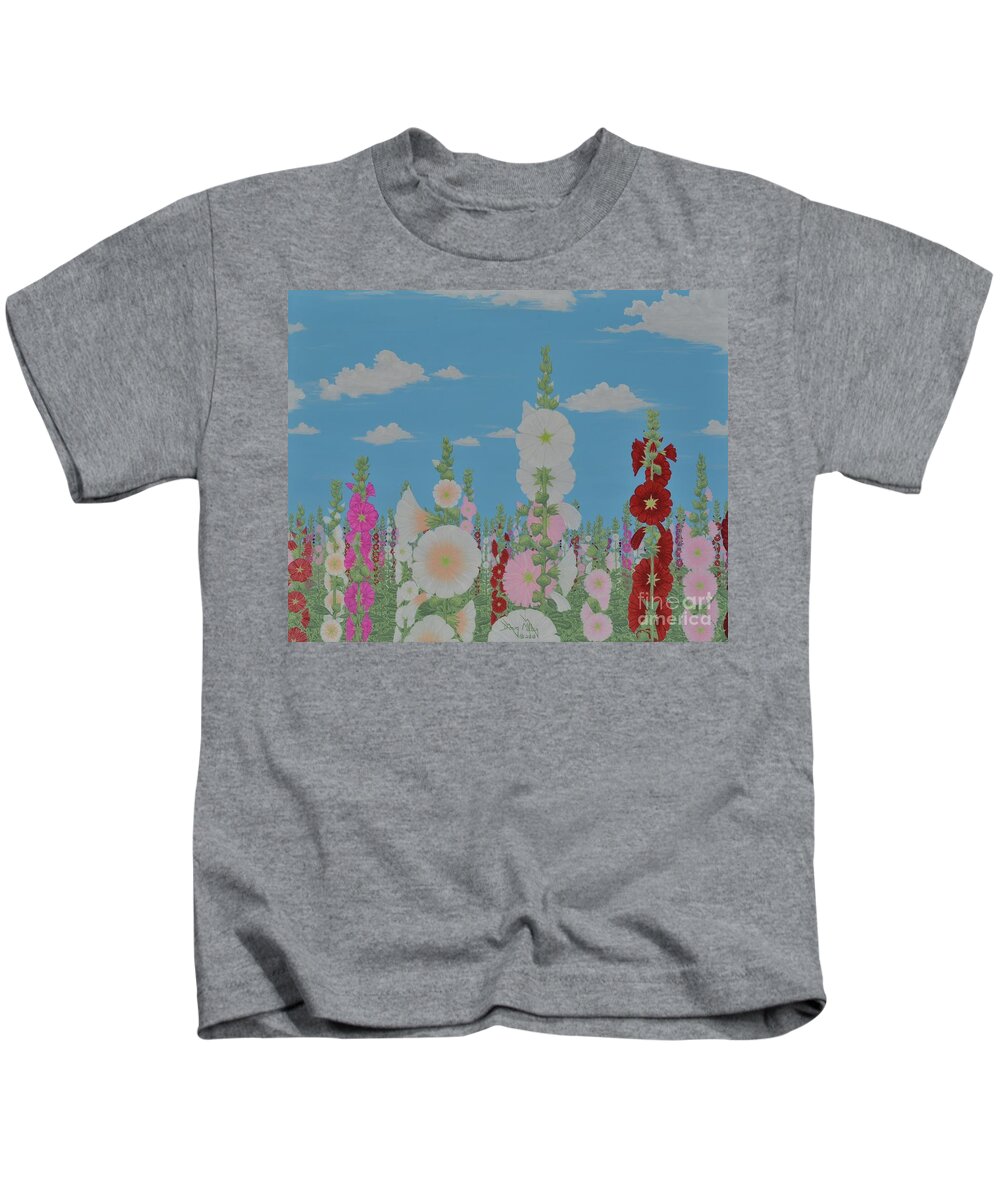 Hollyhocks Kids T-Shirt featuring the painting These Are For You by Doug Miller