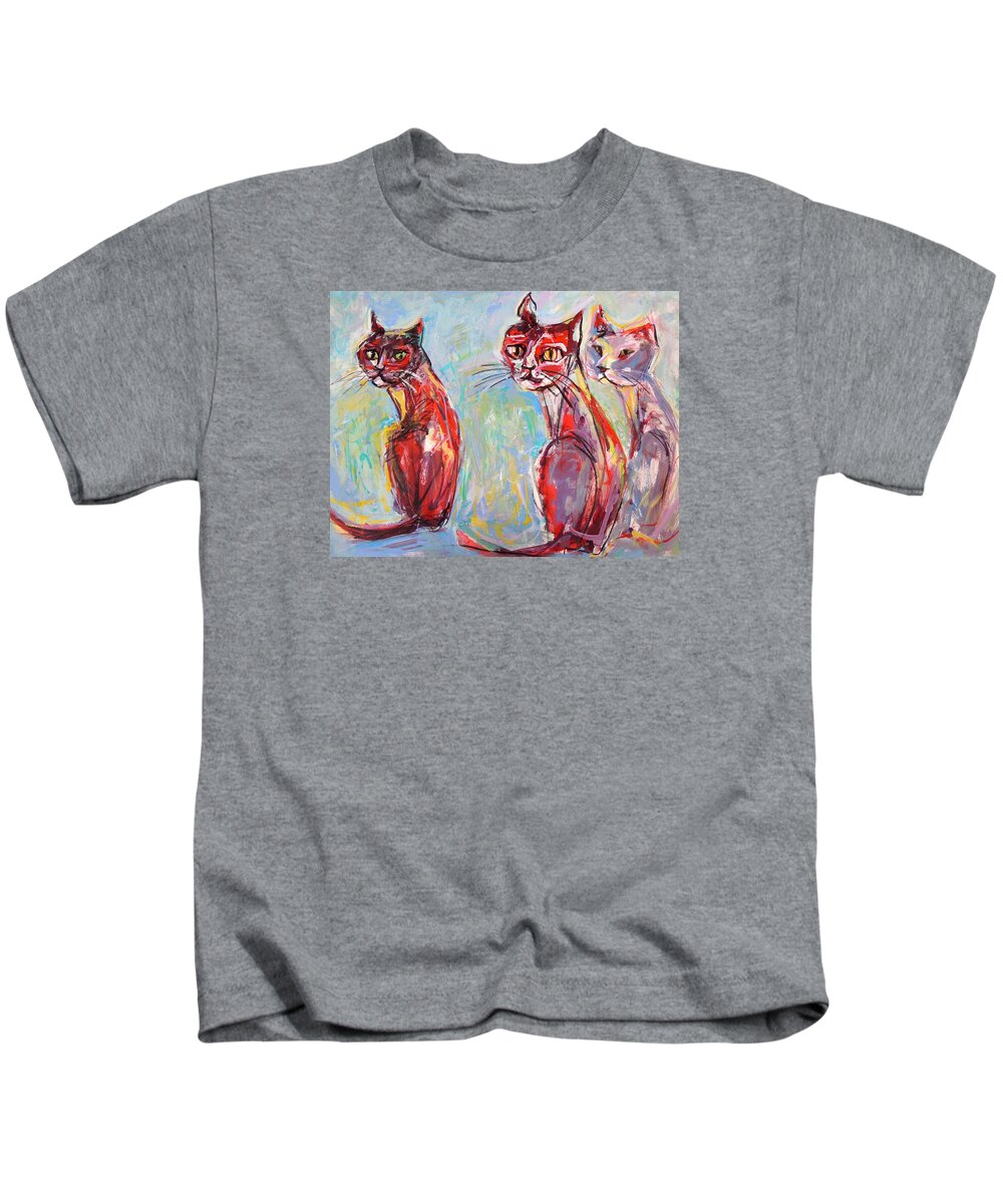 Schiros Kids T-Shirt featuring the painting Three Cool Cats by Mary Schiros