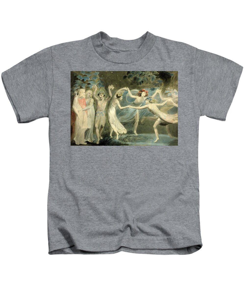 William Blake 1757–1827  Oberon Kids T-Shirt featuring the painting Titania and Puck with Fairies Dancing by William Blake