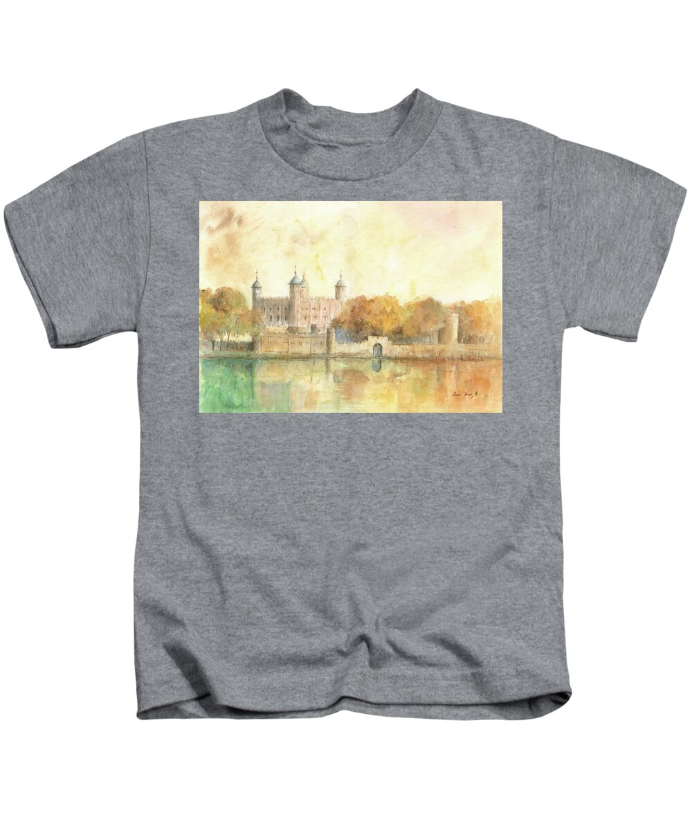 Tower Of London Kids T-Shirt featuring the painting Tower of london watercolor by Juan Bosco