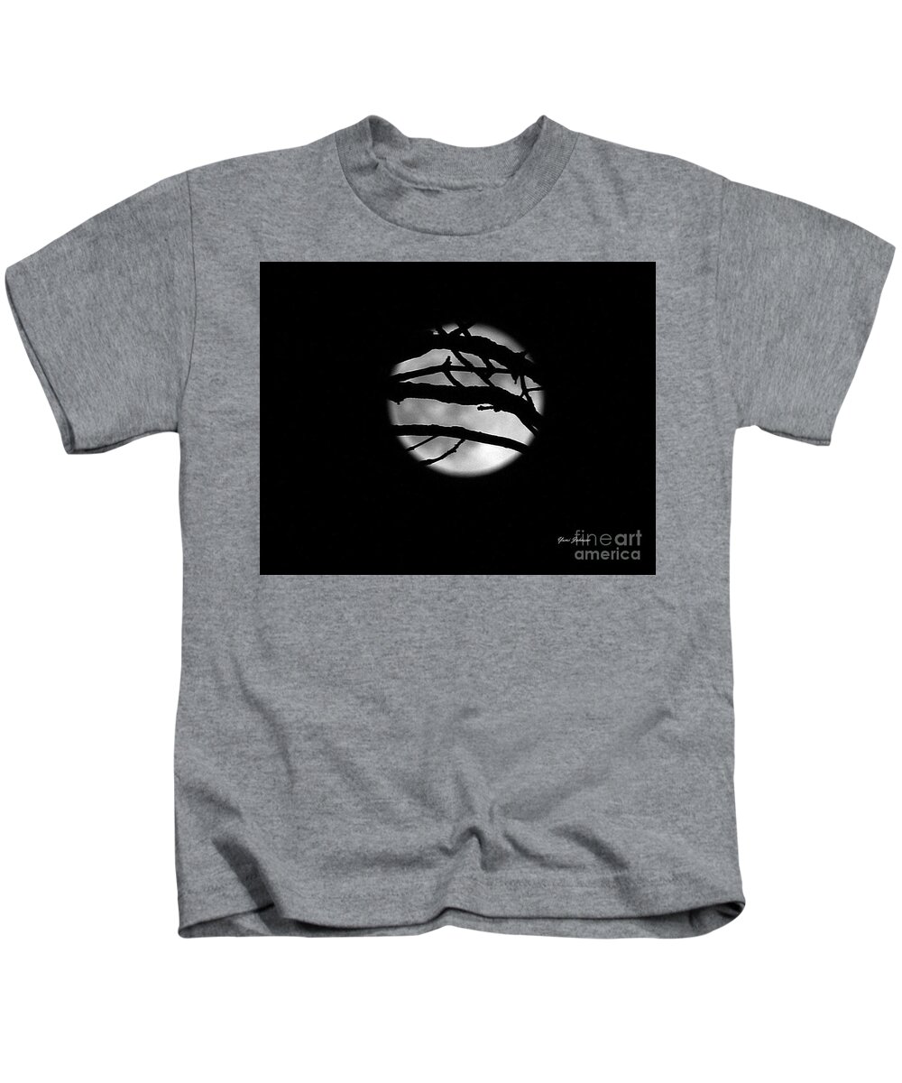 Moon Kids T-Shirt featuring the photograph Tree branch cover over the Super Moon by Yumi Johnson
