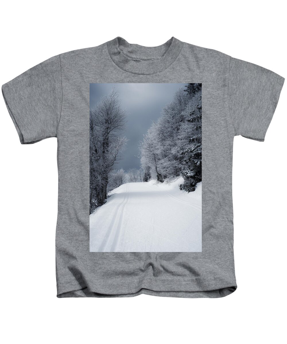Miguel Kids T-Shirt featuring the photograph Trees Hills and Snow by Miguel Winterpacht