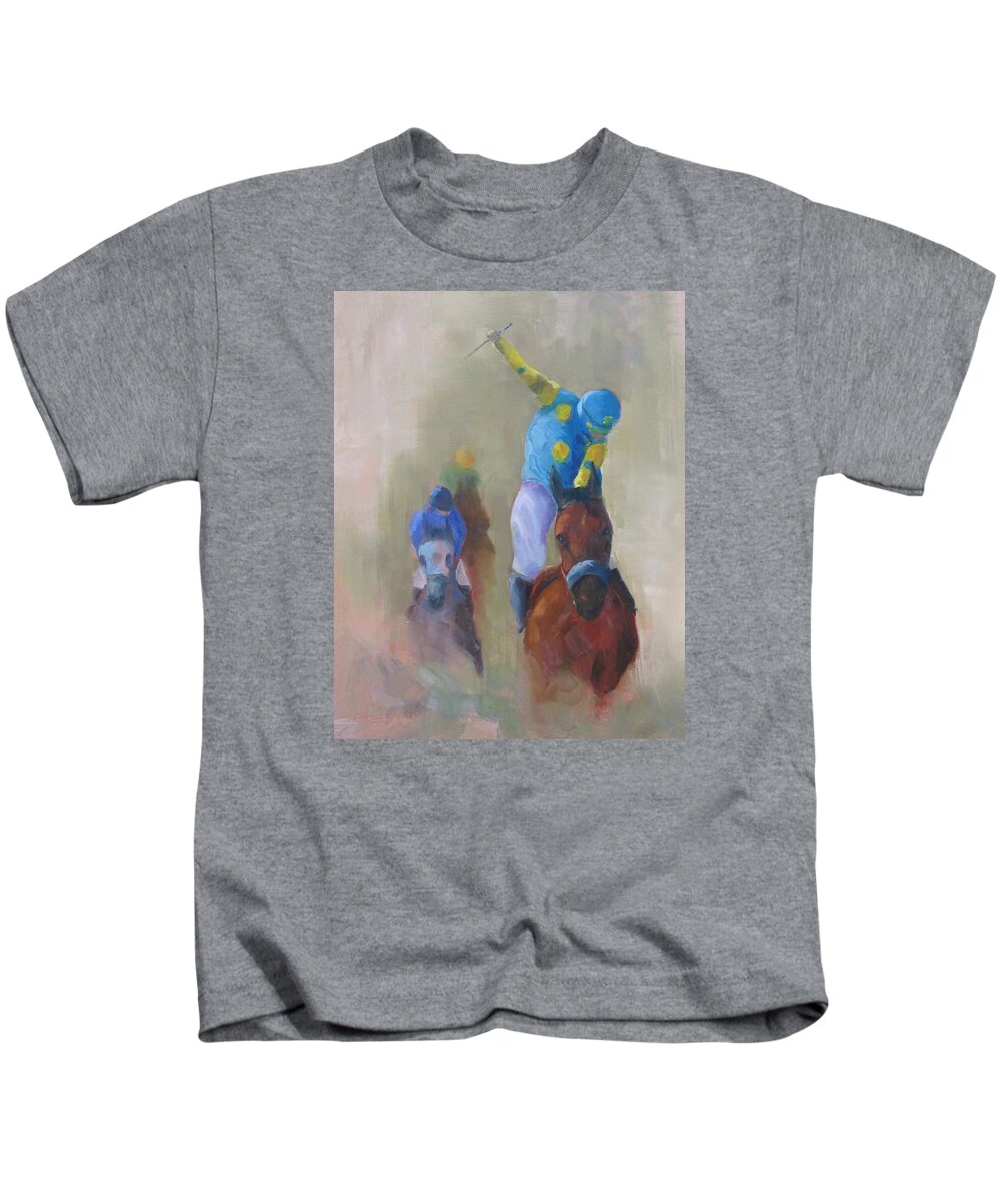 American Pharoah Kids T-Shirt featuring the painting Triple Crown 2015 by Susan Richardson