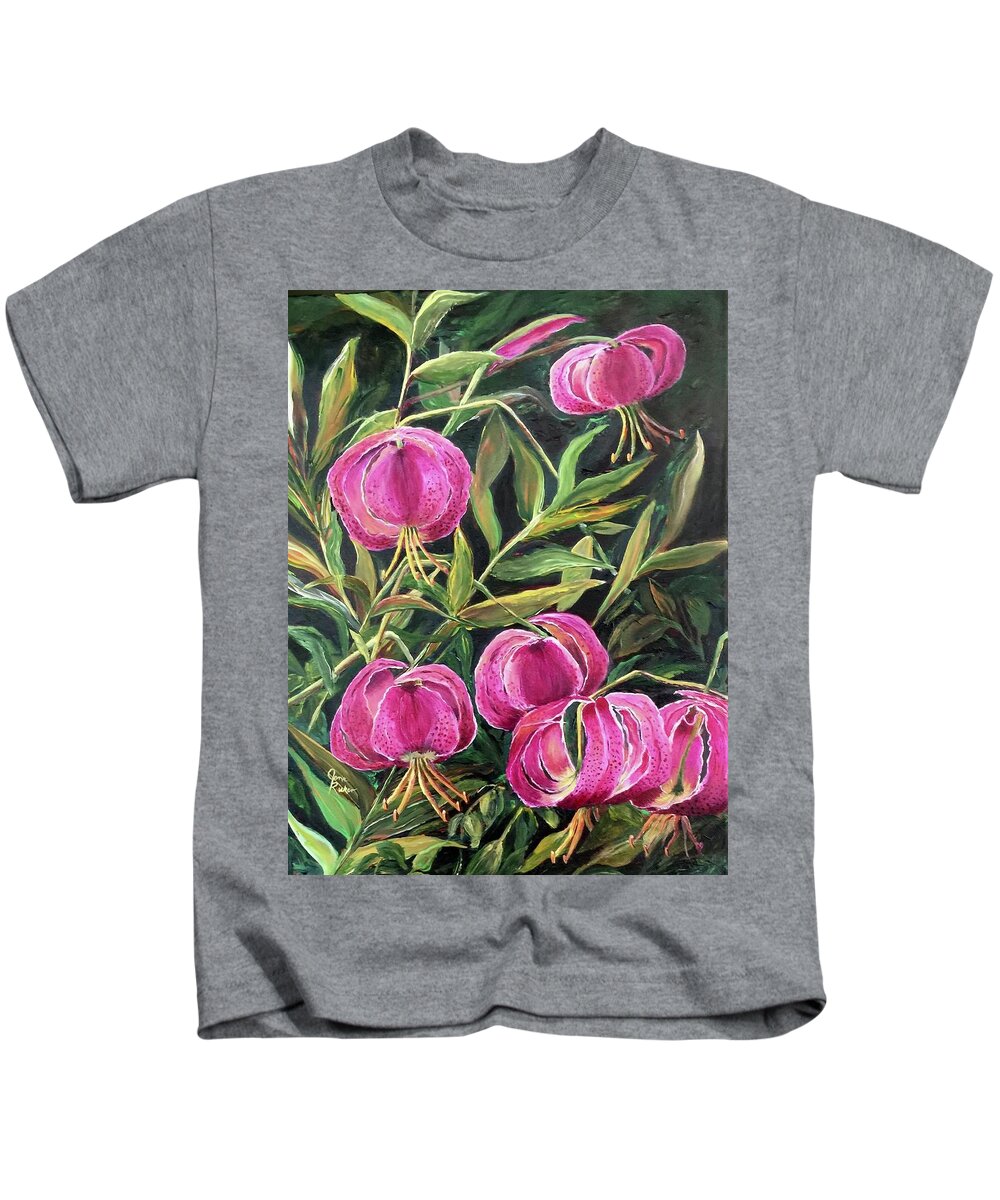 Flowers Kids T-Shirt featuring the painting Turk Tigers In My Garden by Jane Ricker