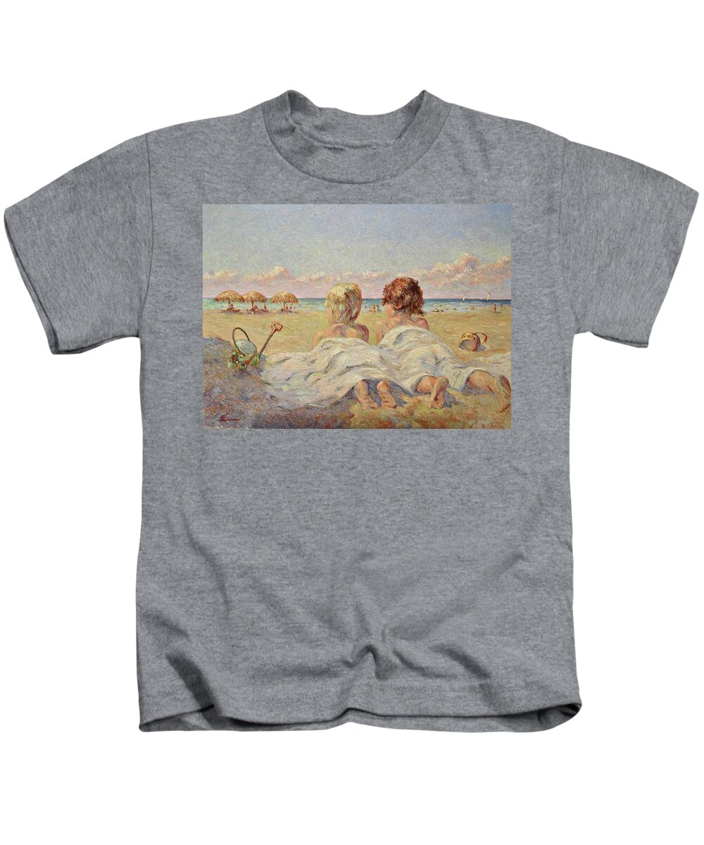 Children On The Beach Kids T-Shirt featuring the painting Two children on the beach by Pierre Dijk