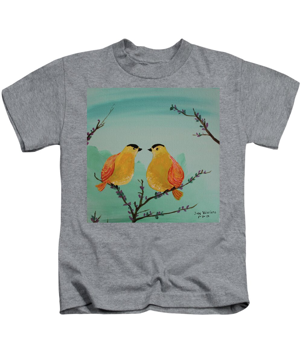 Acrylic Kids T-Shirt featuring the painting Two Yellow Chickadees by Martin Valeriano