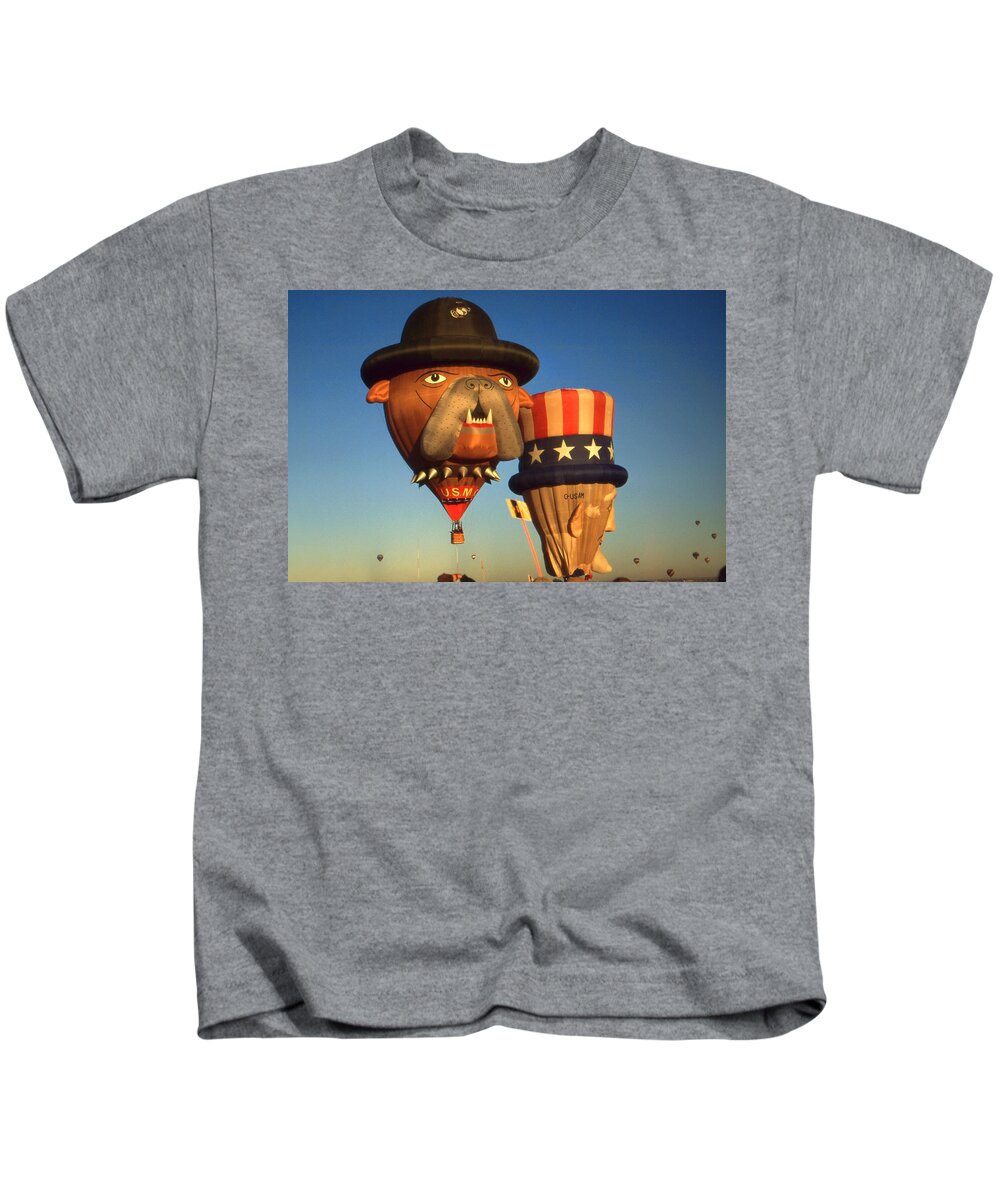 Balloon Kids T-Shirt featuring the photograph American Hot Air Balloons - Uncle Sam and Bull Dog by Peter Potter