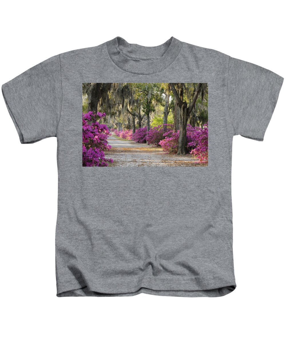 Road Kids T-Shirt featuring the photograph Unpaved road with Azaleas and Oaks by Bradford Martin