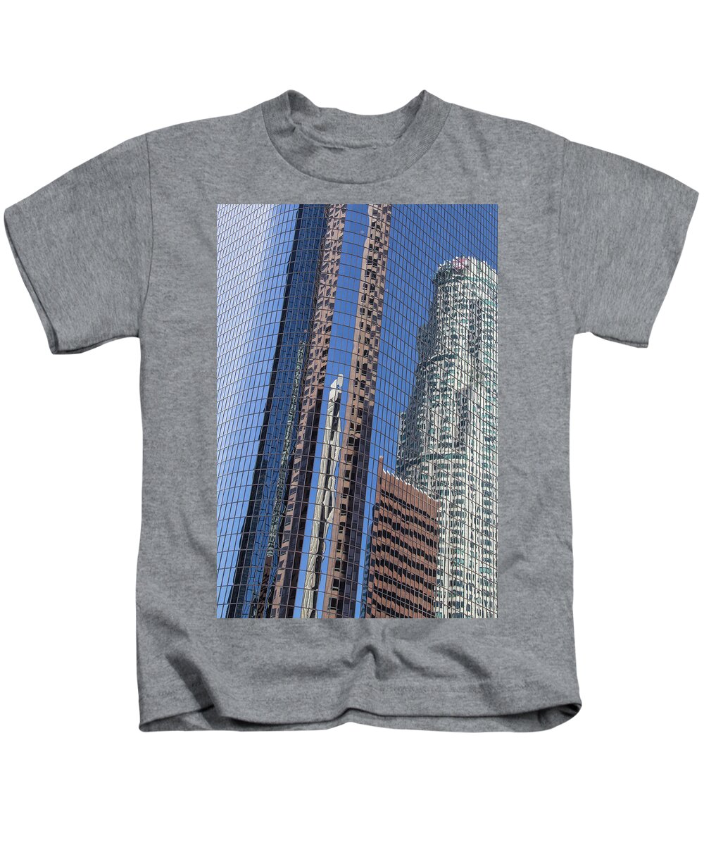 Architecture Kids T-Shirt featuring the photograph US Bank Tower Reflected in California Plaza Building by Roslyn Wilkins