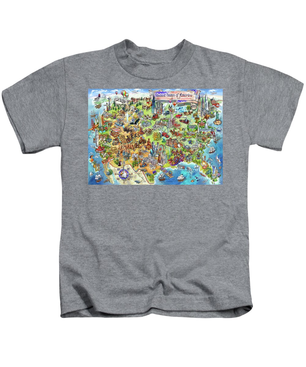 Los Angeles Kids T-Shirt featuring the painting USA Wonders Map Illustration by Maria Rabinky