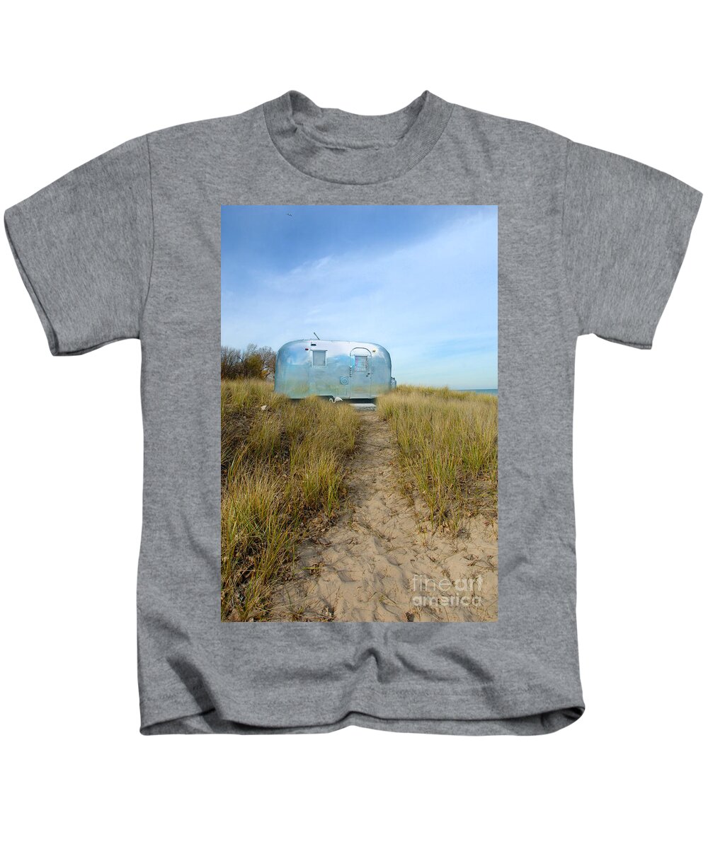 Trailer Kids T-Shirt featuring the photograph Vintage Camping Trailer Near the Sea by Jill Battaglia