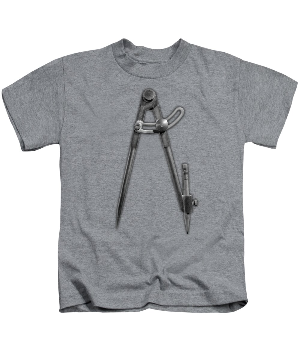 Compass Kids T-Shirt featuring the photograph Vintage Iron Compass Floating Over White in Black and White by YoPedro