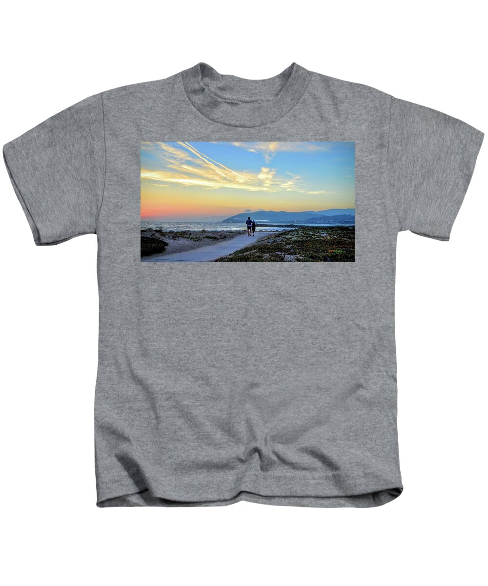 Ventura Sunset Ocean Beach Path Walk People Sky Kids T-Shirt featuring the photograph Walk by Wendell Ward