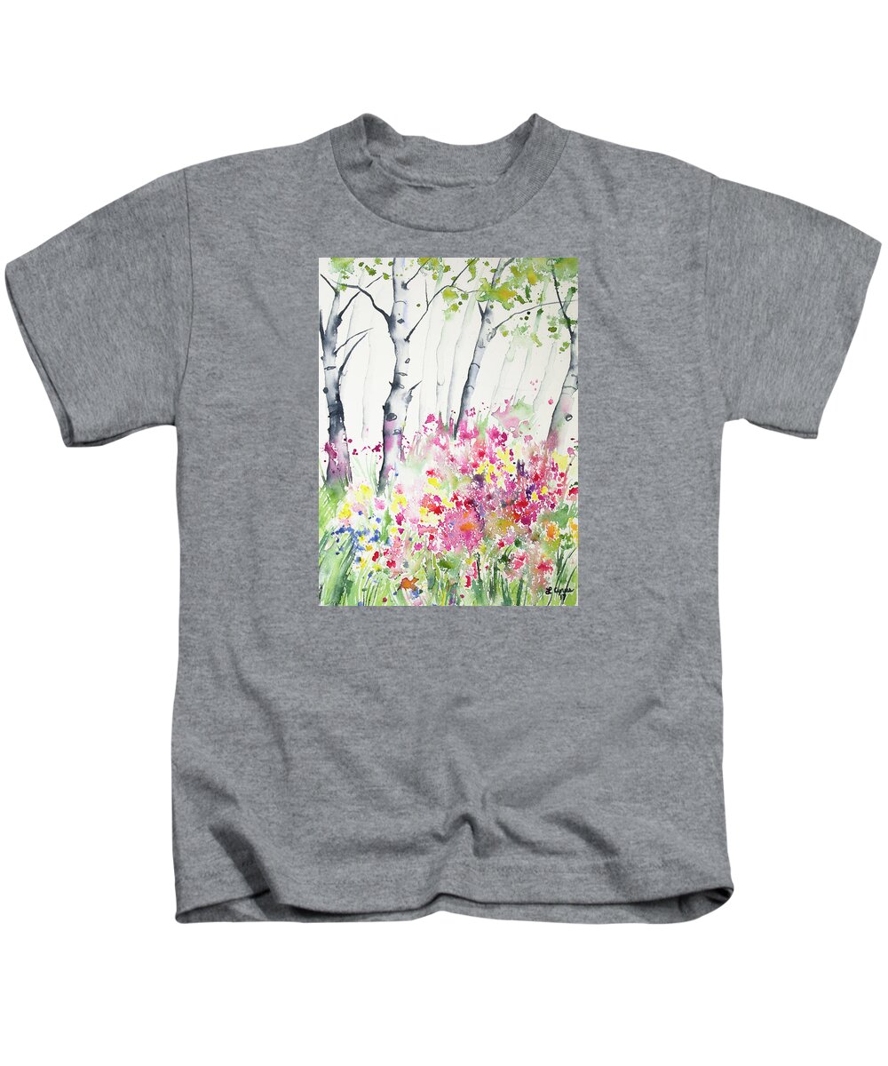 Aspen Kids T-Shirt featuring the painting Watercolor - Birch and Wildflowers by Cascade Colors