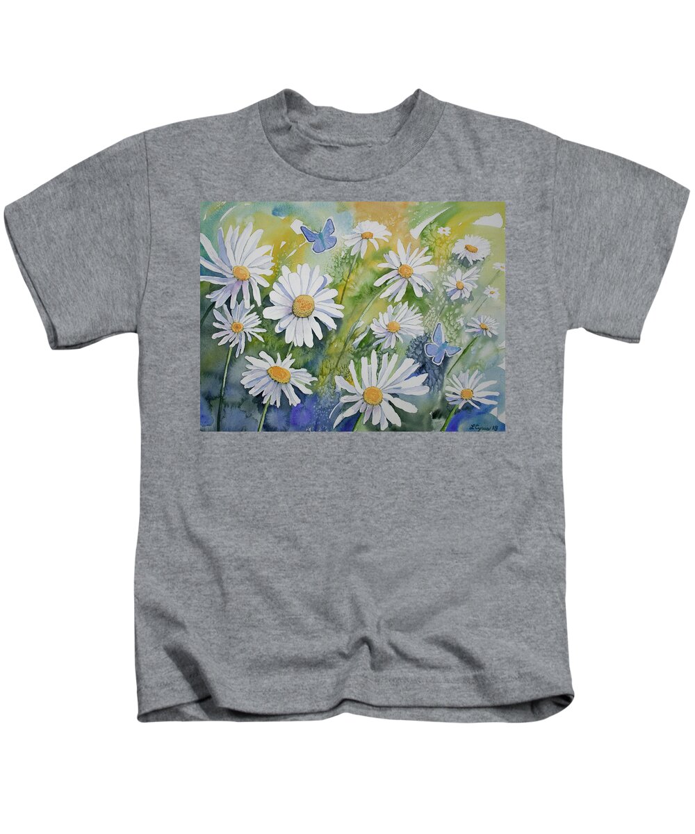 Common Blue Kids T-Shirt featuring the painting Watercolor - Daisies and Common Blue Butterflies by Cascade Colors