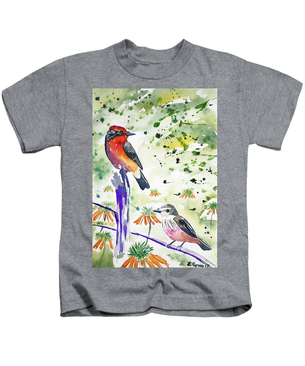 Vermilion Flycatcher Kids T-Shirt featuring the painting Watercolor - Vermilion Flycatcher Pair in Quito by Cascade Colors