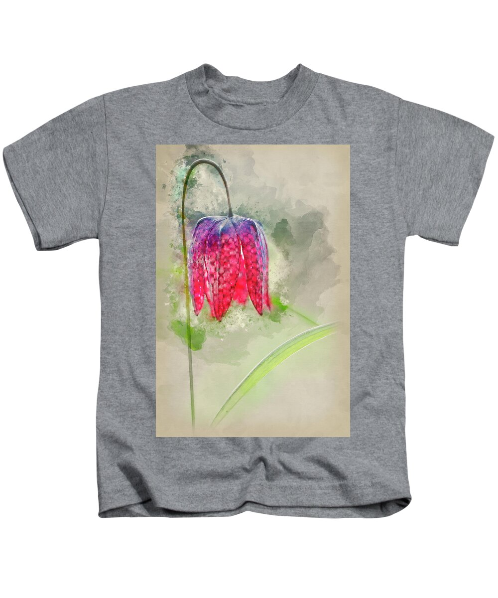 Spring Kids T-Shirt featuring the photograph Watercolour painting of Single snake's head fertillery fresh Spr by Matthew Gibson