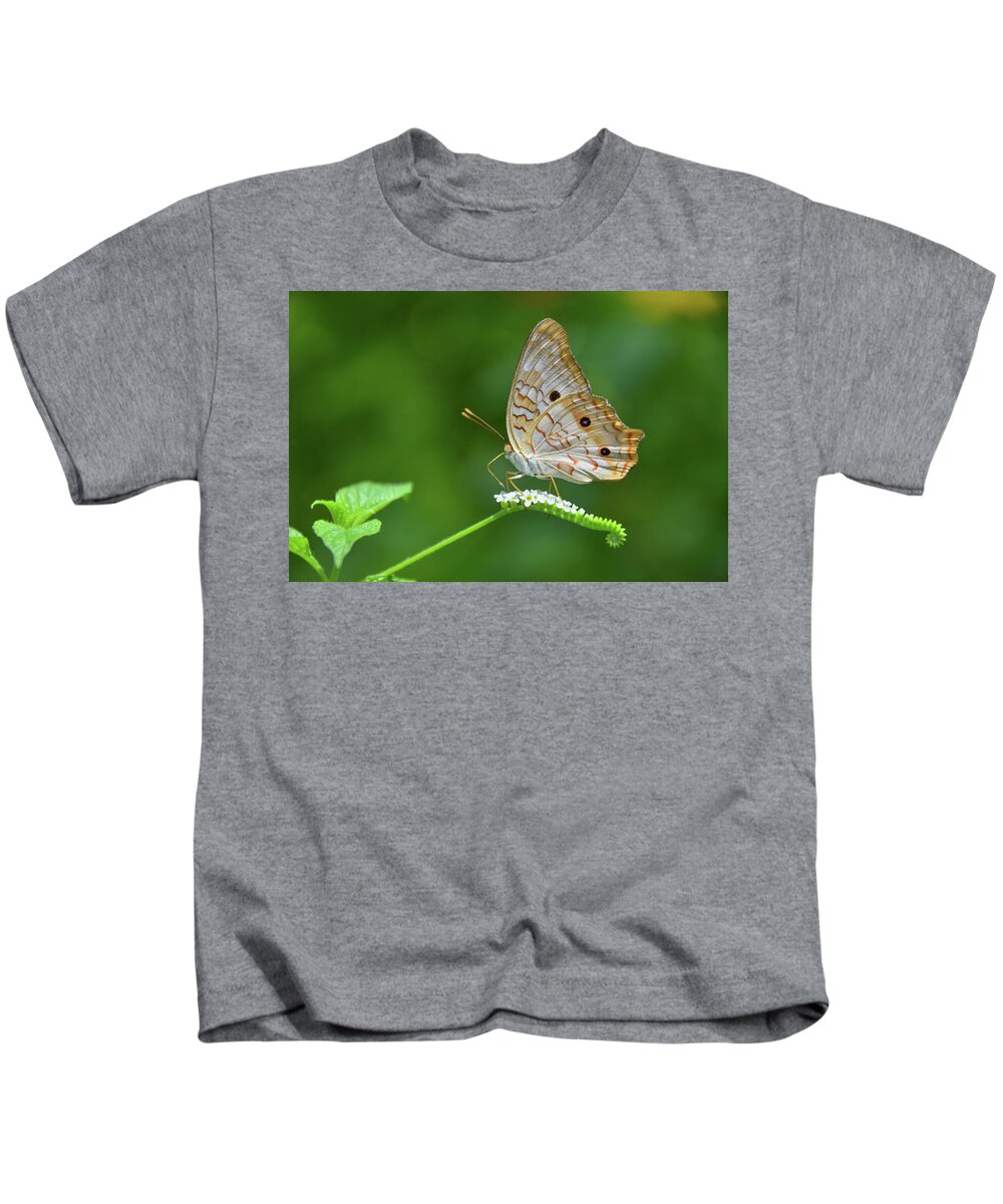 Butterfly Kids T-Shirt featuring the photograph White Peacock Butterfly on Small White Flowers by Artful Imagery