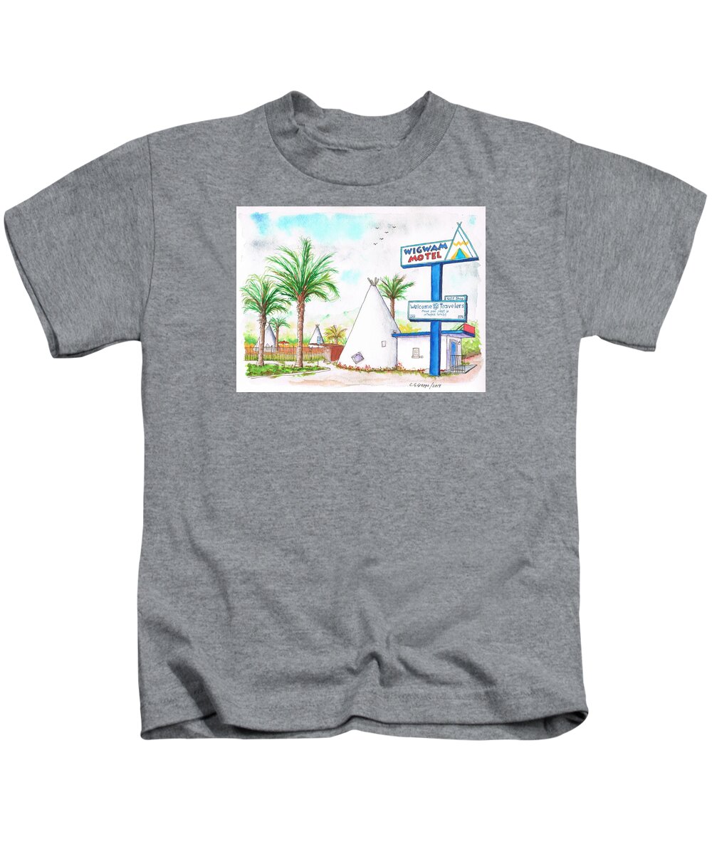 Wigman Motel Kids T-Shirt featuring the painting Wigman Motel, Route 66, San Bernardino, CA by Carlos G Groppa